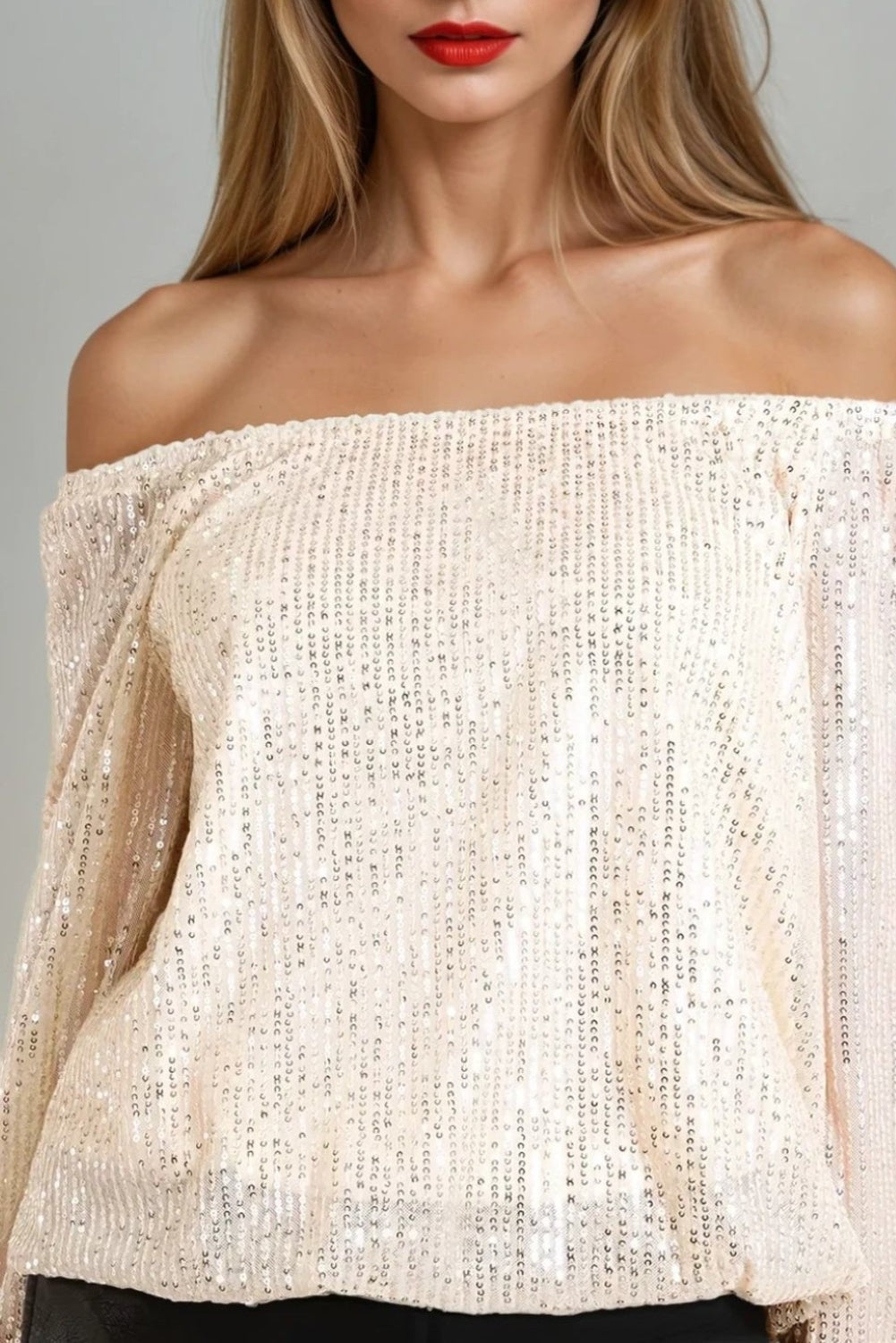 Champagne Sequin Long Sleeve Bardot Top-1