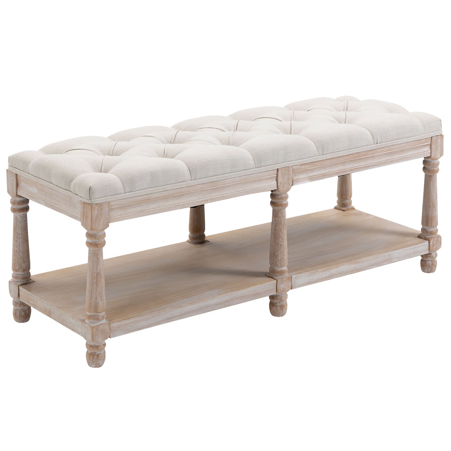 HOMCOM 2-Tier Bed End Bench Vintage Stool Button Tufted Seat Cream White-0