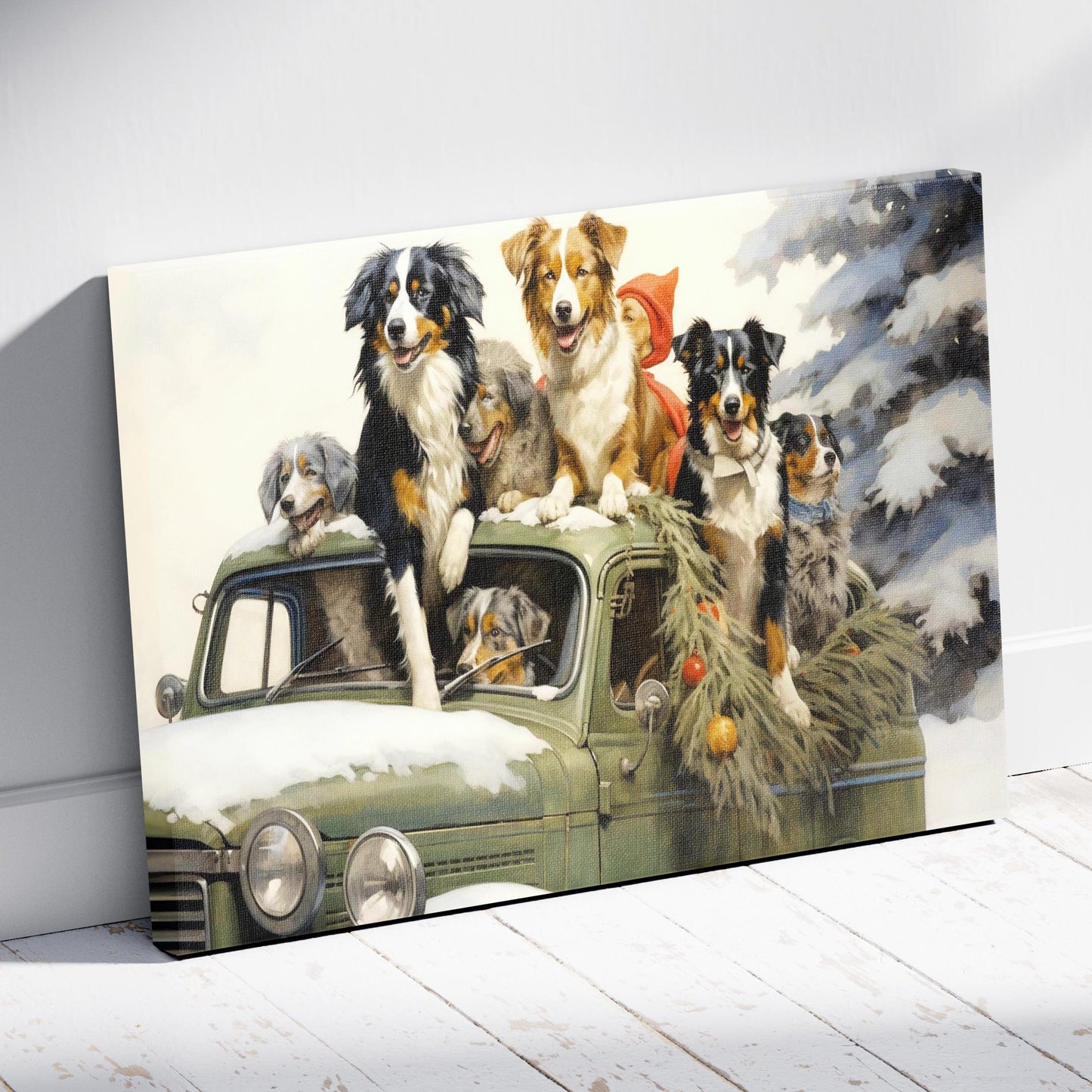 Festive Puppies on Holiday Ride - Framed Canvas Wall Art Print-2