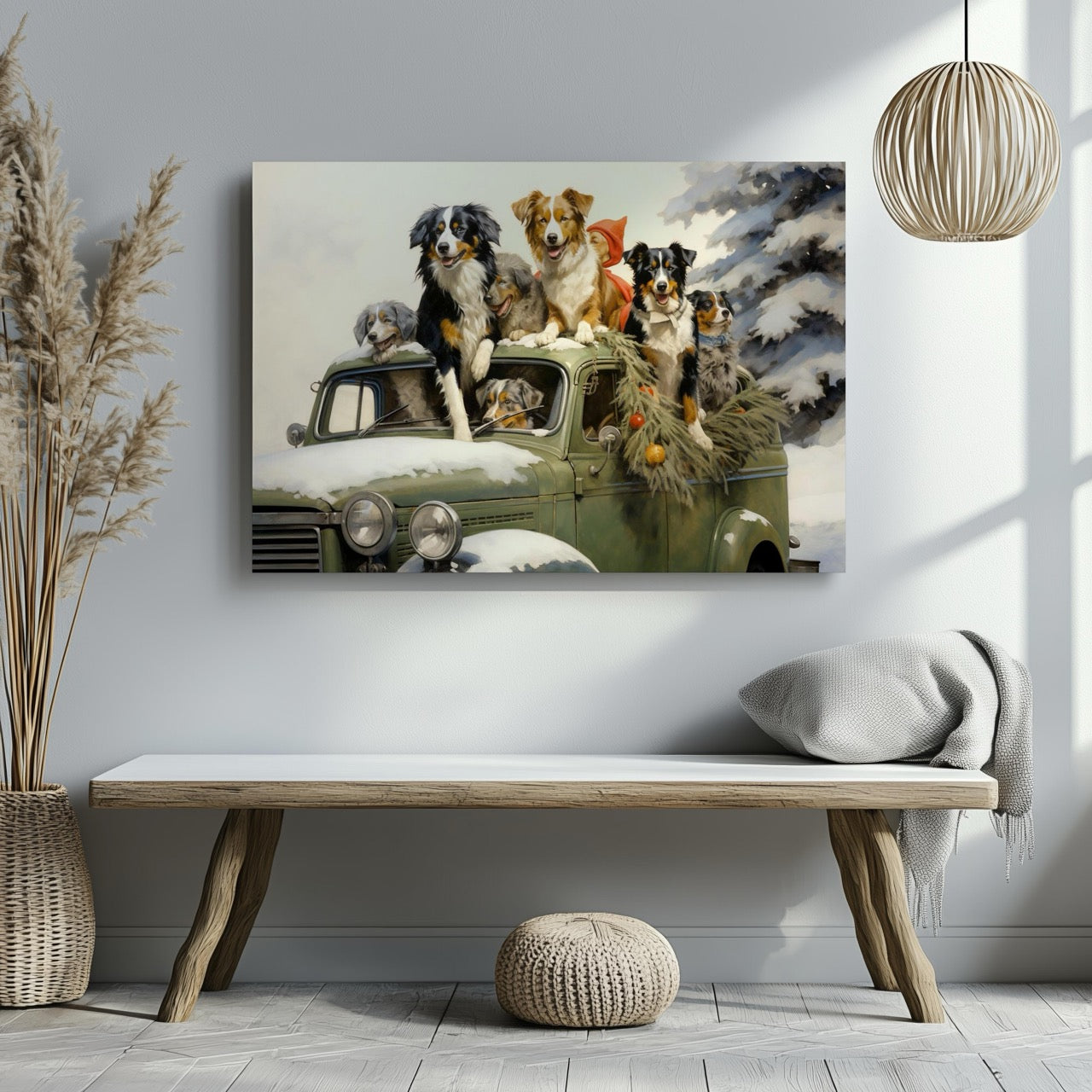 Festive Puppies on Holiday Ride - Framed Canvas Wall Art Print-3