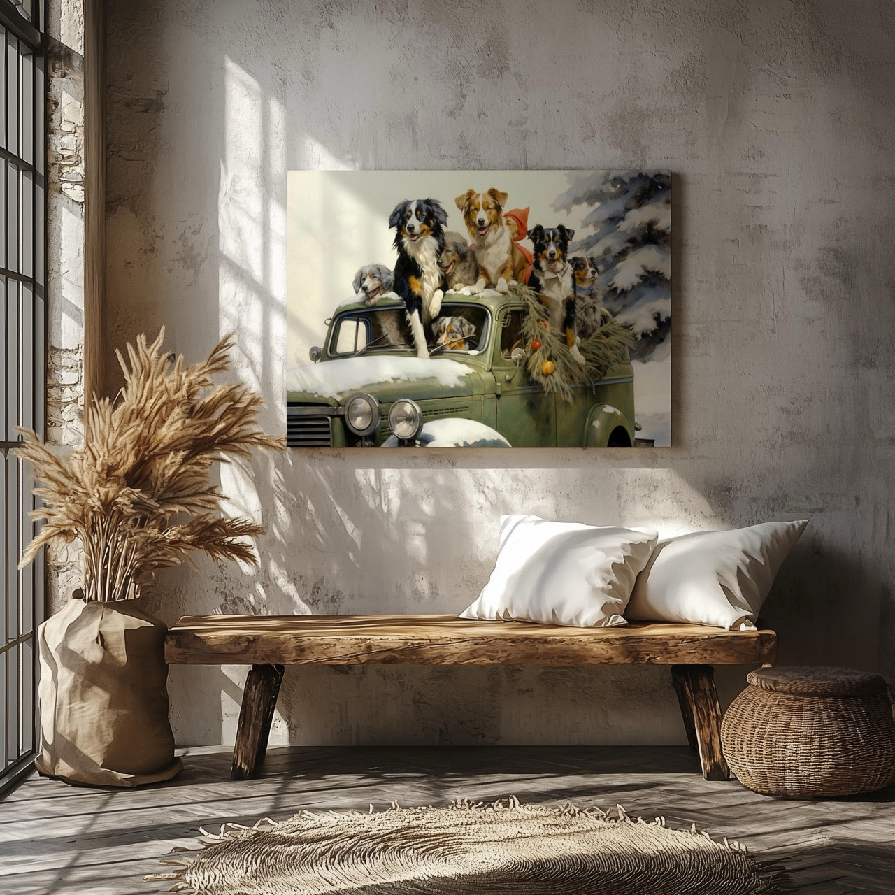 Festive Puppies on Holiday Ride - Framed Canvas Wall Art Print-1