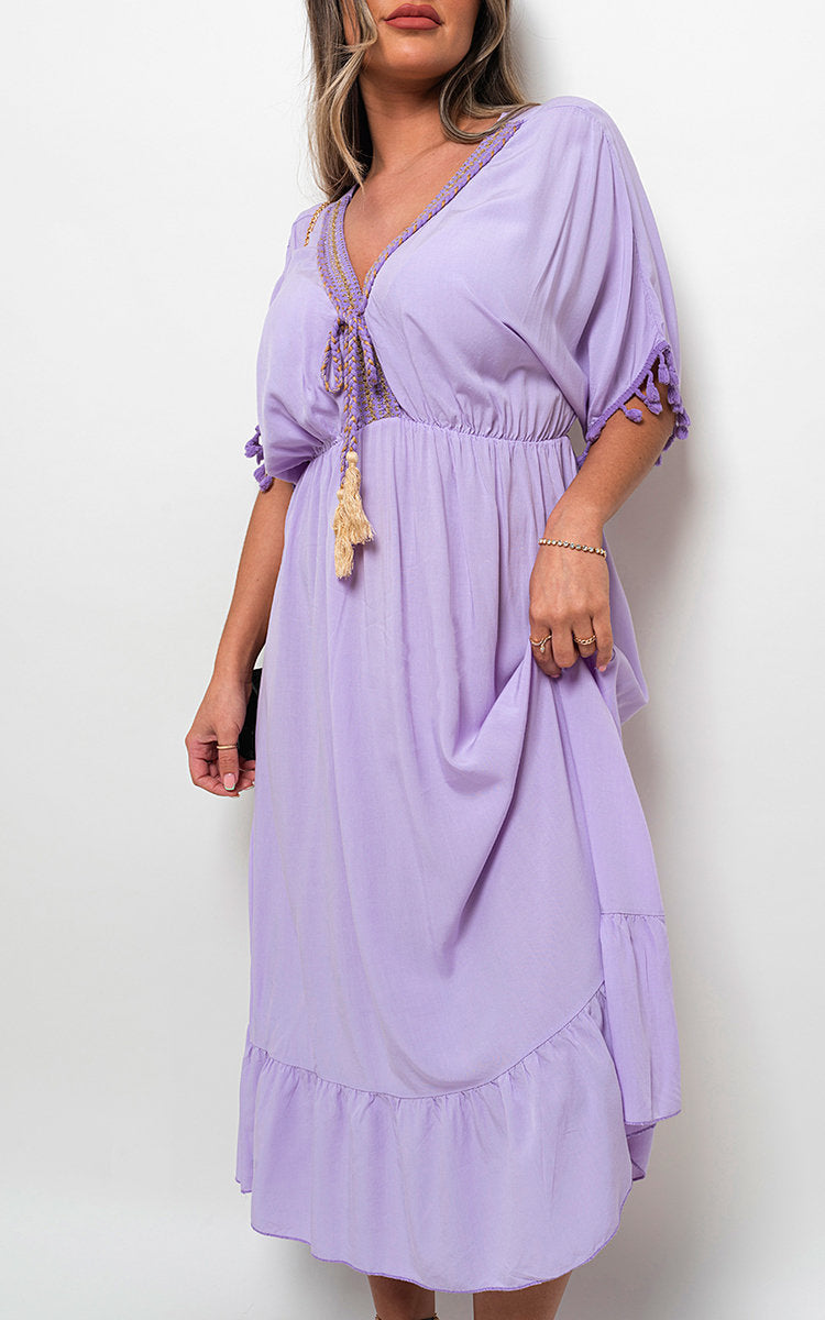 V-Neck Rope Tassel Detail Maxi Dress-5