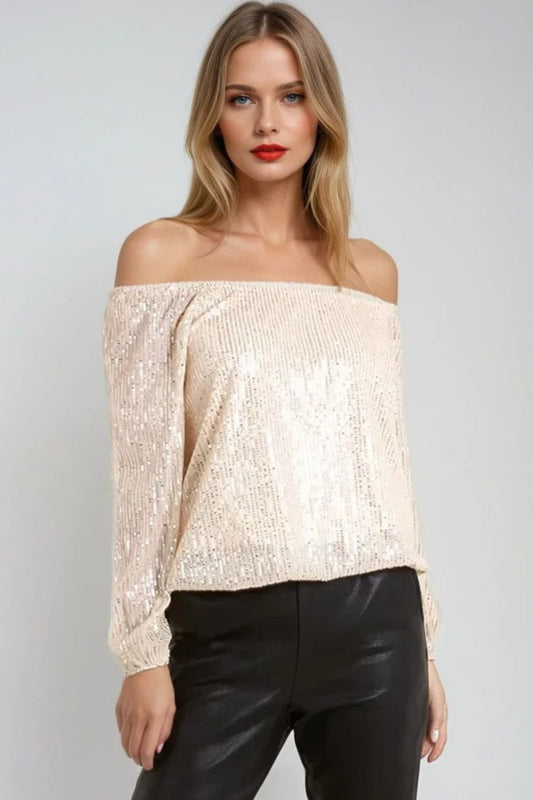 Champagne Sequin Long Sleeve Bardot Top-0