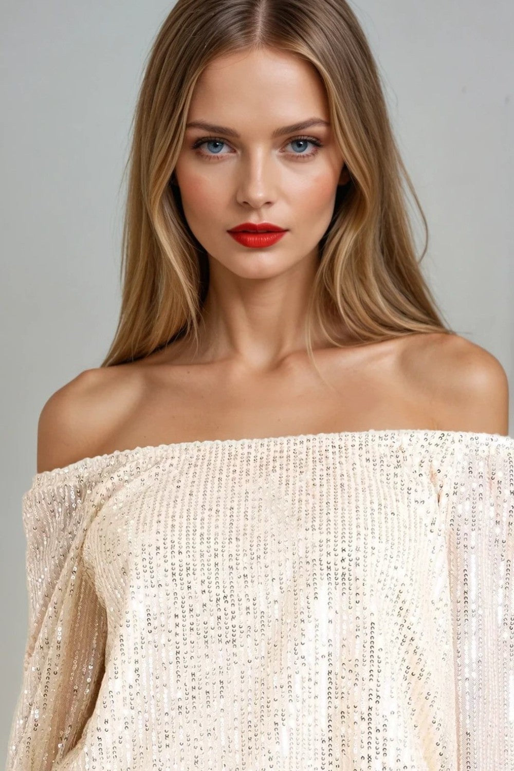Champagne Sequin Long Sleeve Bardot Top-2