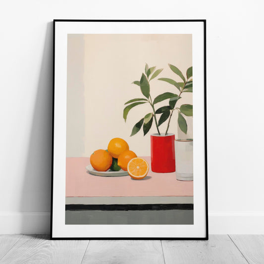 Citrus Oranges and Red Vase Still Life - Rolled Poster Wall Art Print-0