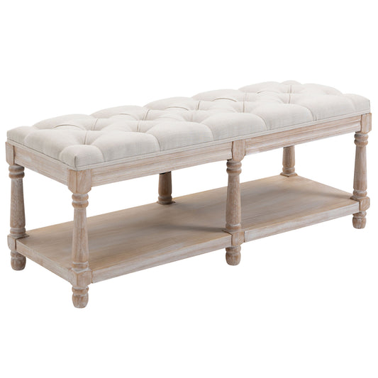 HOMCOM 2-Tier Bed End Bench Vintage Stool Button Tufted Seat Cream White-0