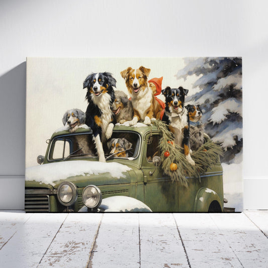 Festive Puppies on Holiday Ride - Framed Canvas Wall Art Print-0