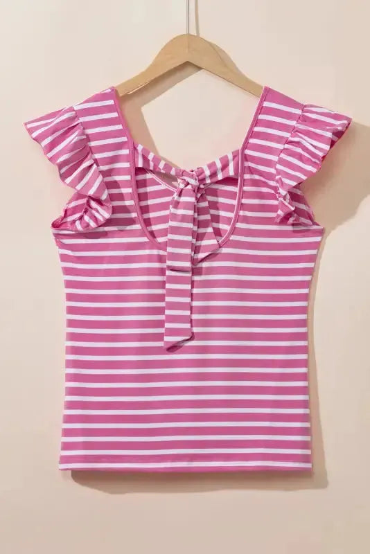 Pink Stripe T-Shirt - Butterfly Sleeve V Neck Hollowed Knot Back-3