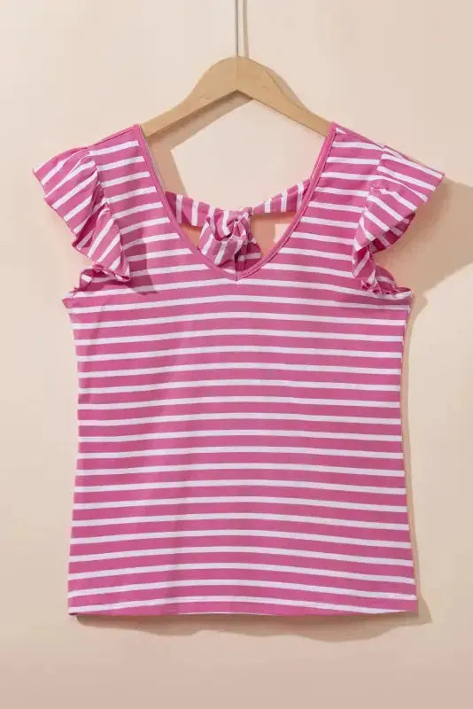 Pink Stripe T-Shirt - Butterfly Sleeve V Neck Hollowed Knot Back-4